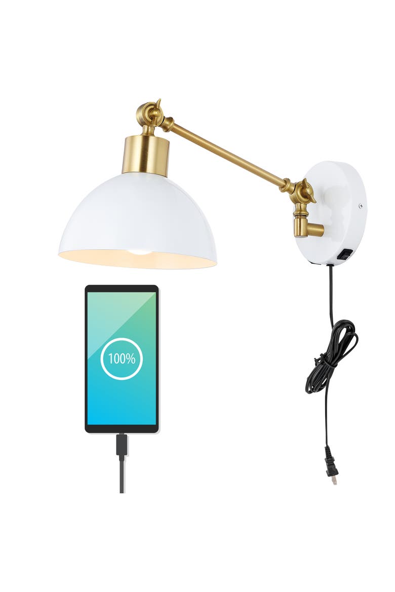 Lisa Swing Arm 1-Light Modern Midcentury Iron USB Charging Port LED Sconce, Main, color, White