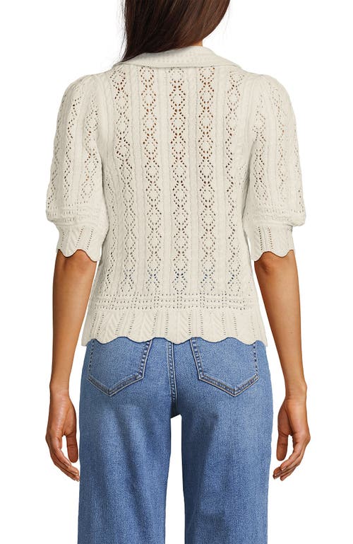 Lands' End Lace Pointelle Puff Sleeve Cardigan Sweater In White
