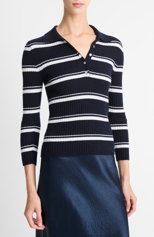 Vince Stripe Mulberry Silk-blend Polo Top In Coastal/off White