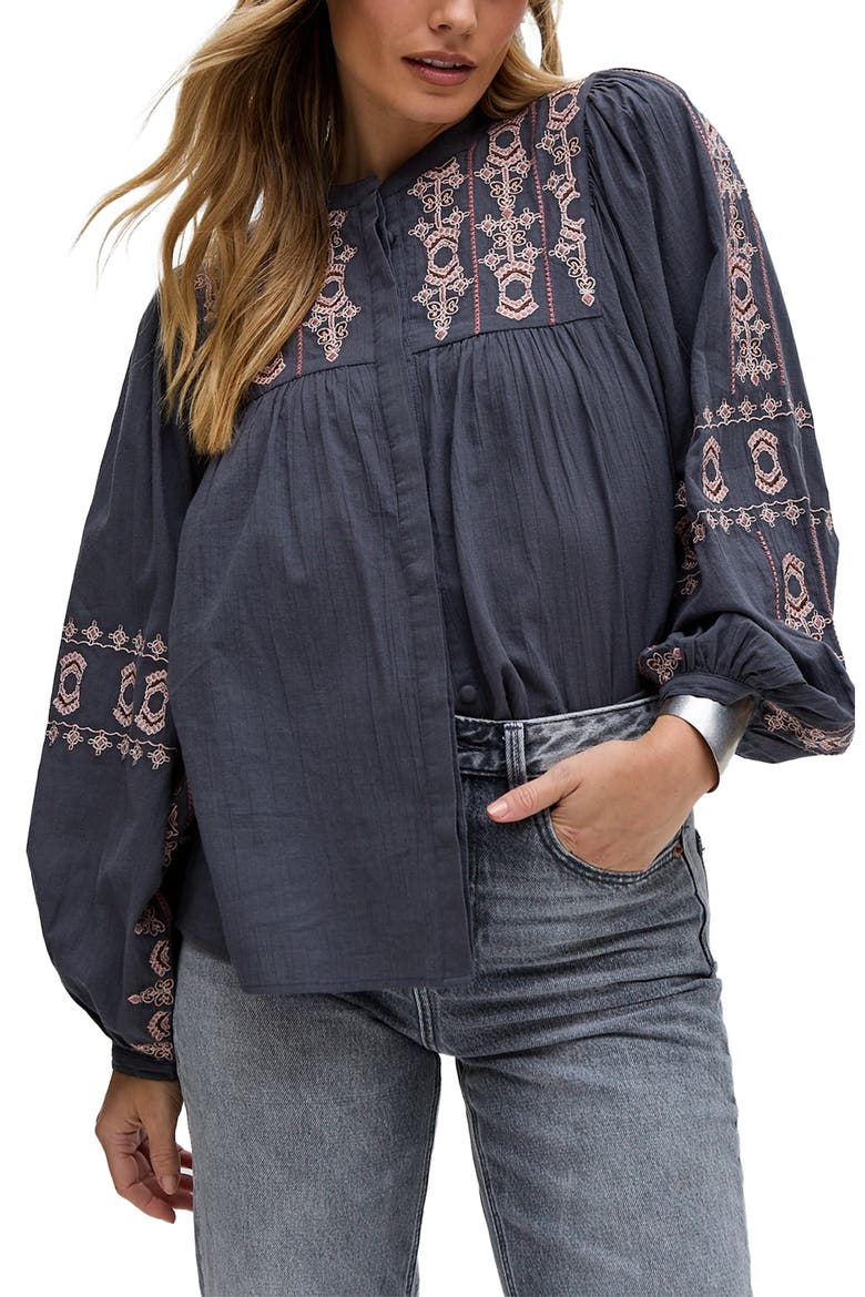 Demi Embroidered Ballon Sleeve Shirt, Alternate, color, Grey