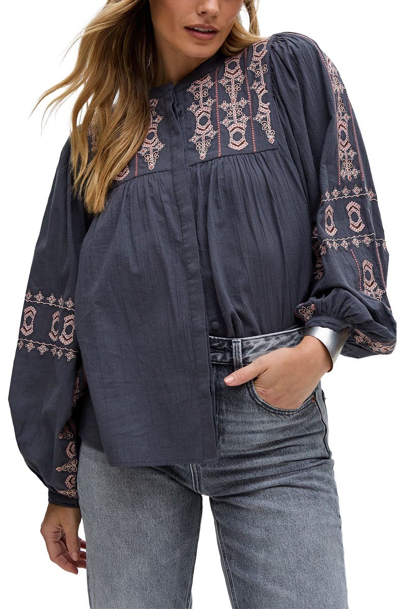 Raffya Demi Embroidered Ballon Sleeve Shirt, Alternate, color, Grey