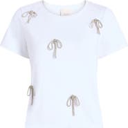 Cinq à Sept Rhinestone Bow Embellished Cotton Shrunken Tee