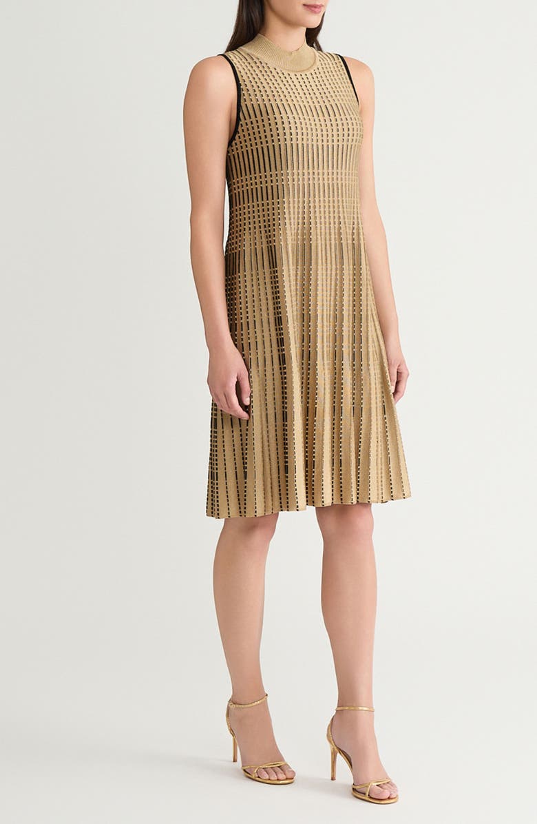 Ming Wang x Tanya Foster Metallic Linear Pleat Knit Dress, Alternate, color, Gold/ Black