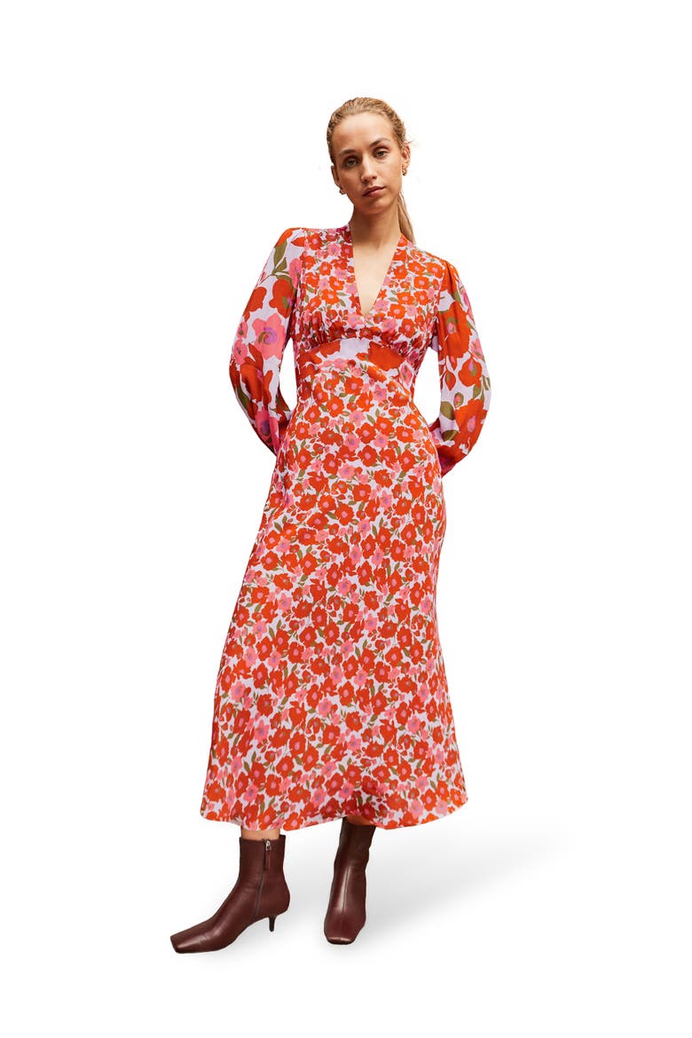 Poppy Print Waist Detail Dress, Main, color, Lilac/Pink