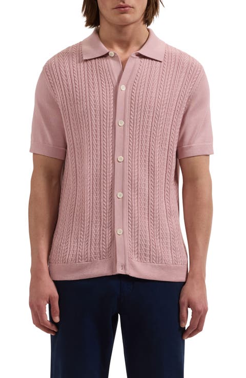 Short Sleeve Cable Knit Button-Up Sweater