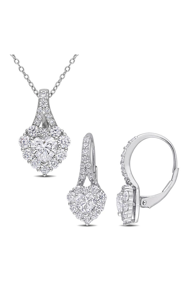 Lab Grown Moissanite Heart Halo Pendant Necklace & Earrings Set, Main, color, SILVER