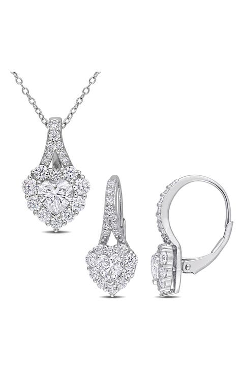 Lab Grown Moissanite Heart Halo Pendant Necklace & Earrings Set