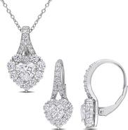 DELMAR Lab Grown Moissanite Heart Halo Pendant Necklace & Earrings Set
