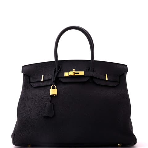 Birkin Handbag Black Clemence with Gold Hardware 35