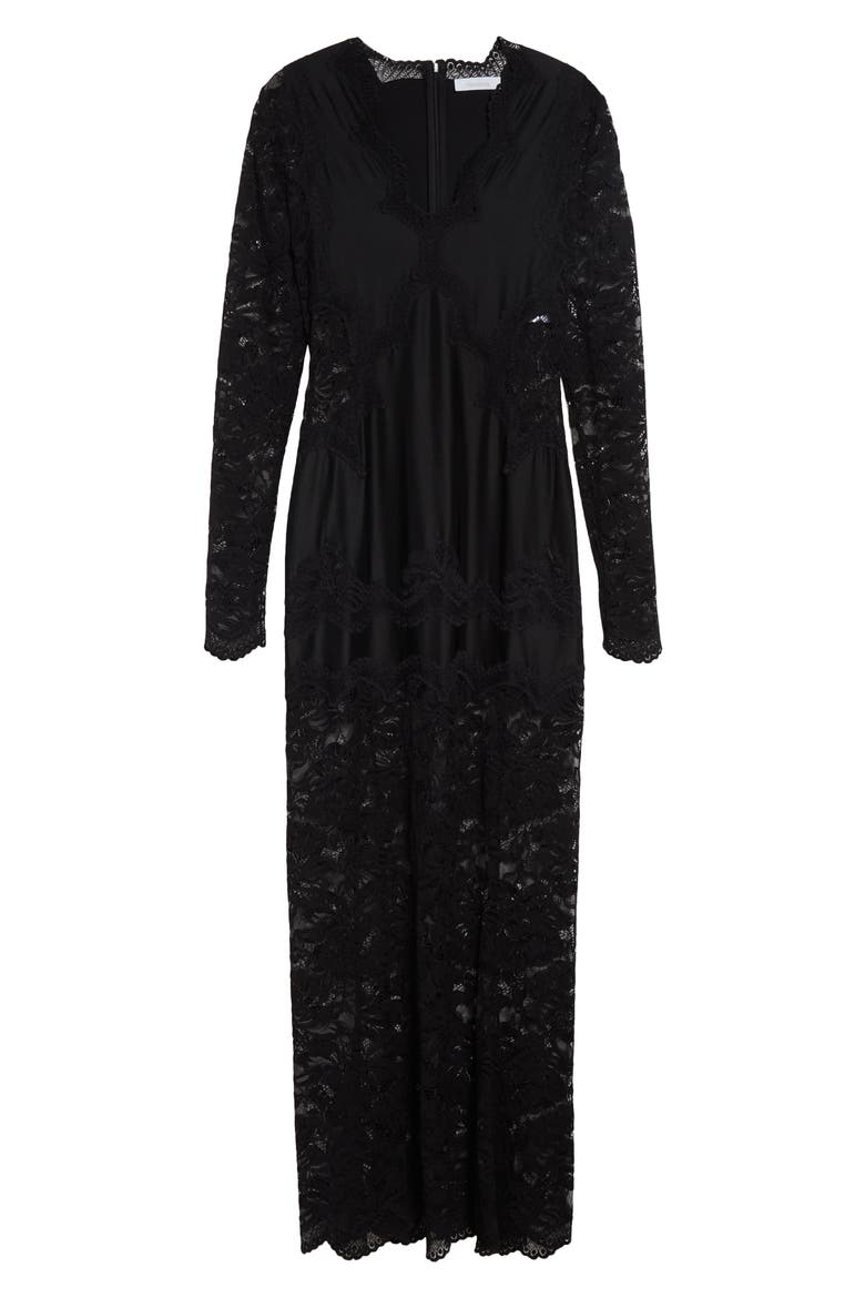 Long Sleeve Jersey & Lace Gown, Alternate, color, BLACK