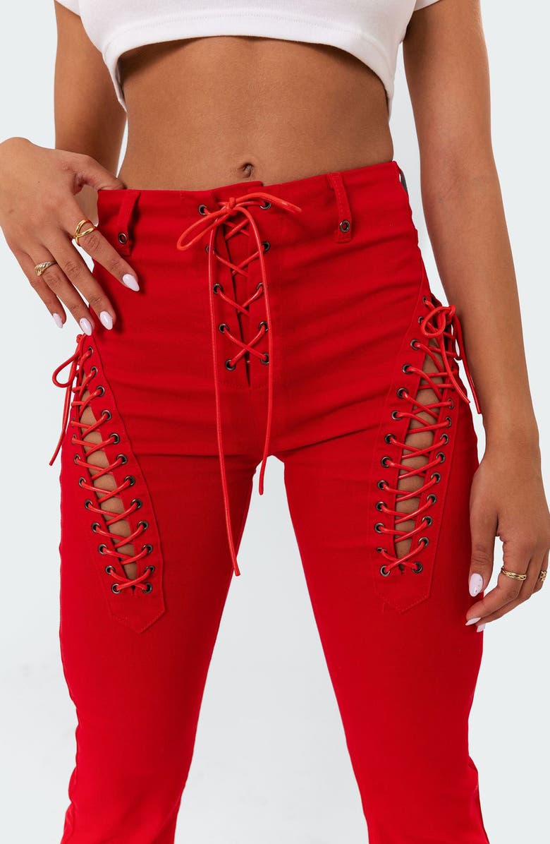 EDIKTED Engine Red Lace-Up High Waist Flare Jeans, Alternate, color, 