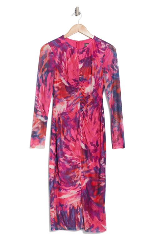 Vince Camuto Ruched Mesh Long Sleeve Dress In Pink Multi