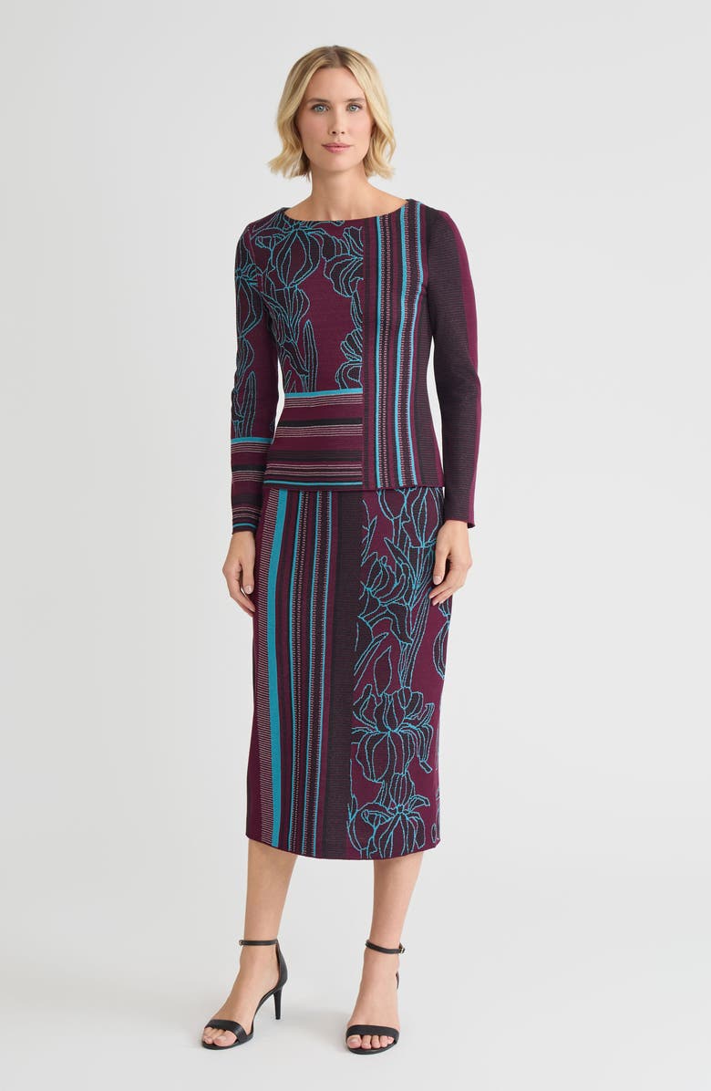 Ming Wang Multi-Pattern Jacquard Soft Knit Top, Alternate, color, Midnight Violet/Nebula