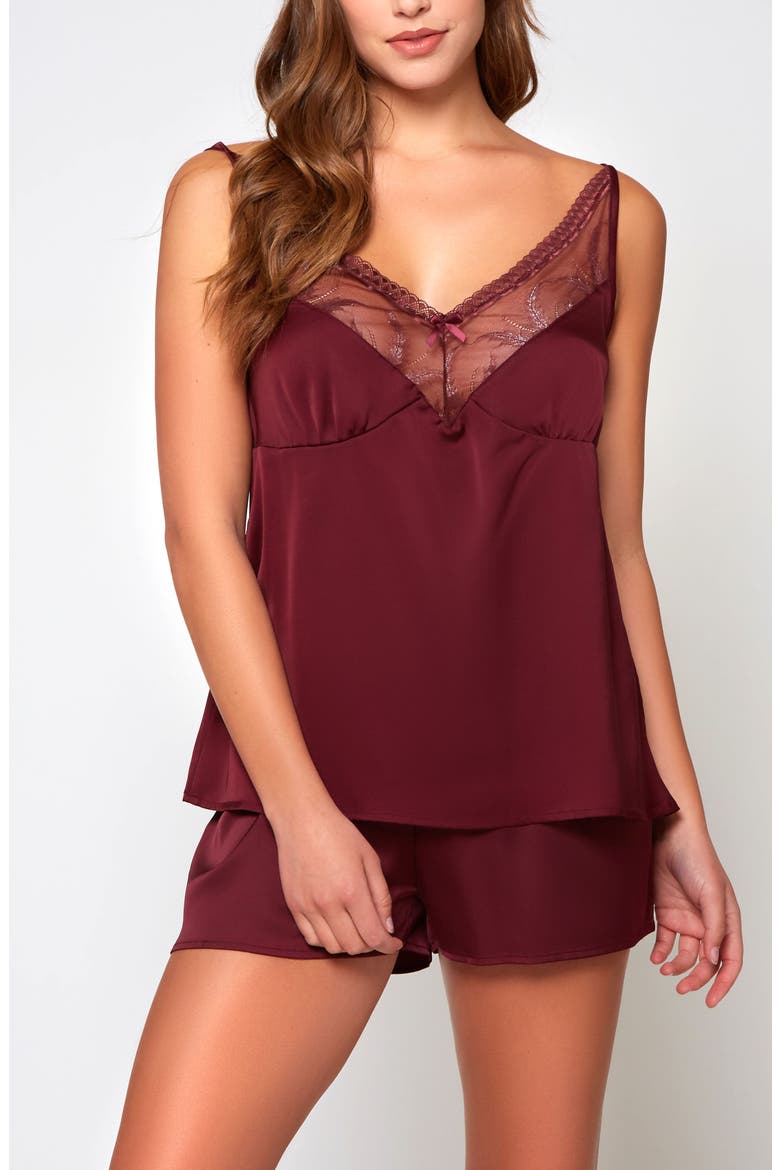 Satin Lace Cami & Shorts Pajama Set, Main, color, Burgundy