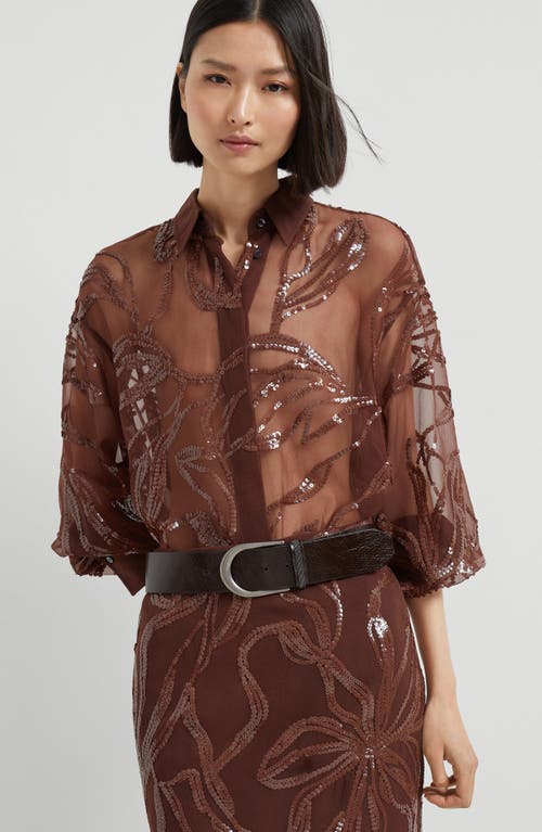 Brunello Cucinelli Burgundy Crispy Silk Dazzling Floral Embroidery Shirt In Brown