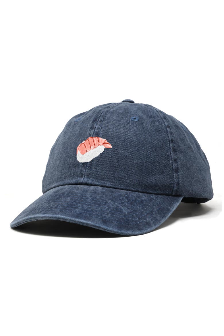 Shrimp Sushi Embroidered Dad Cap, Alternate, color, Washed Navy Blue
