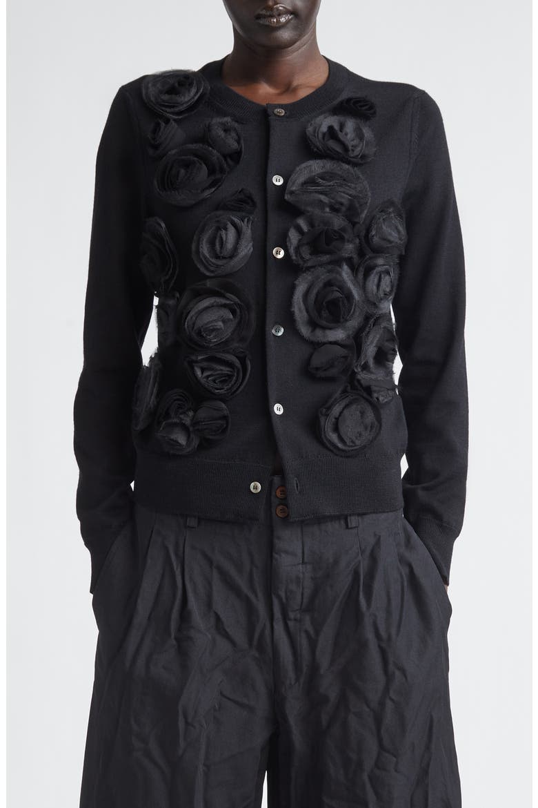 Rosette Appliqué Wool Cardigan, Main, color, BLACK