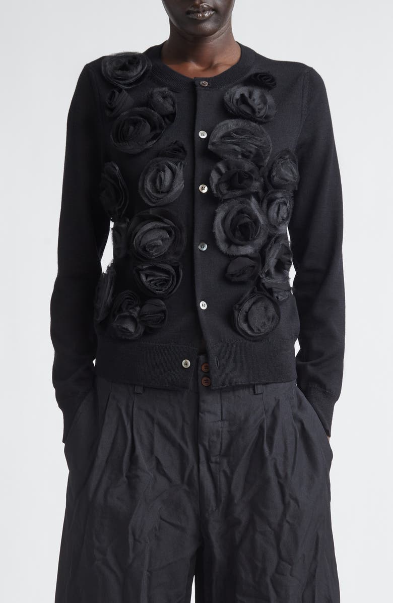Comme des Garçons Comme des Garçons Rosette Appliqué Wool Cardigan, Main, color, Black