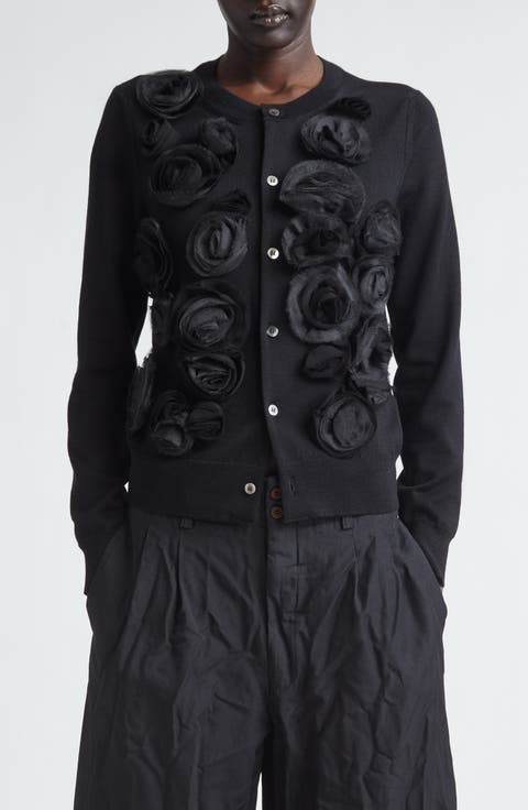 Rosette Appliqué Wool Cardigan