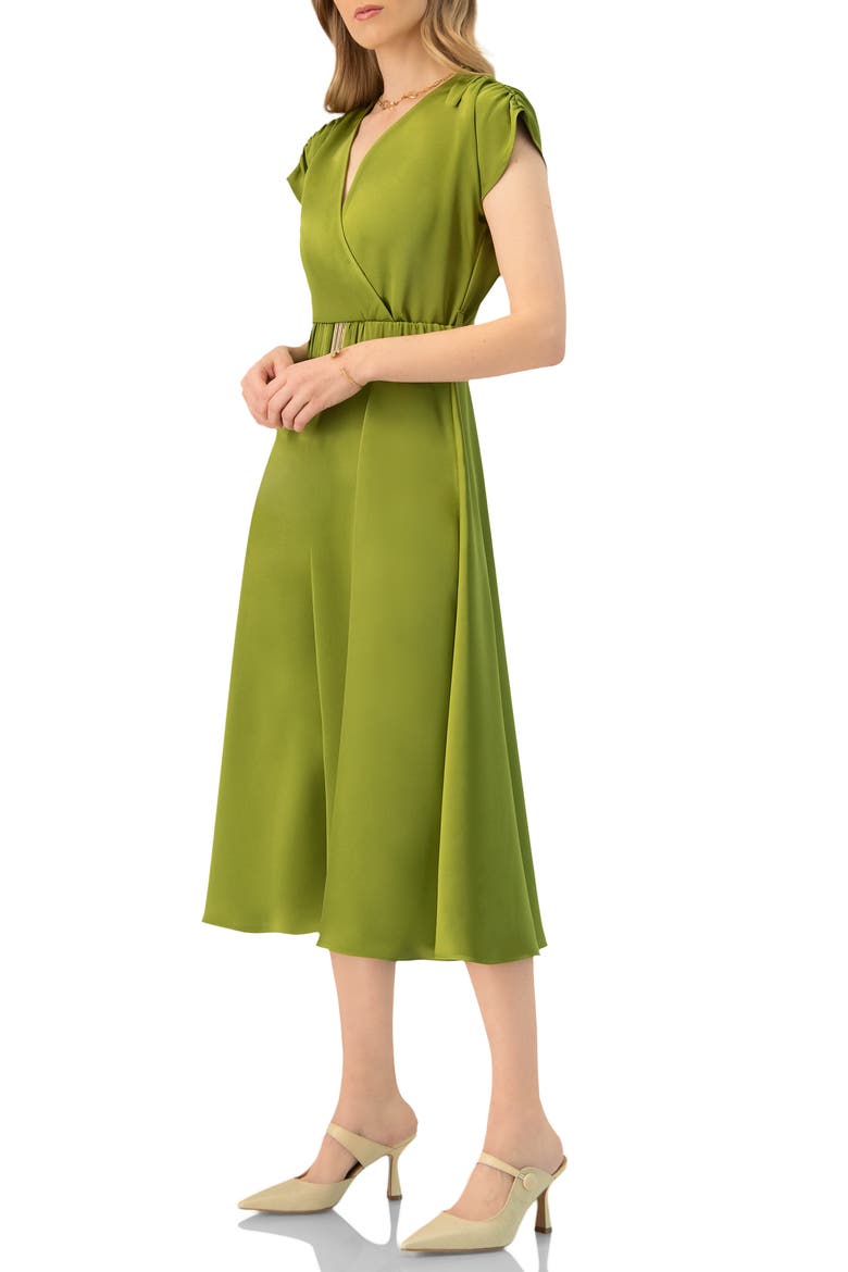 Sleeveless Midi Satin Dress with Belt, Alternate, color, Green