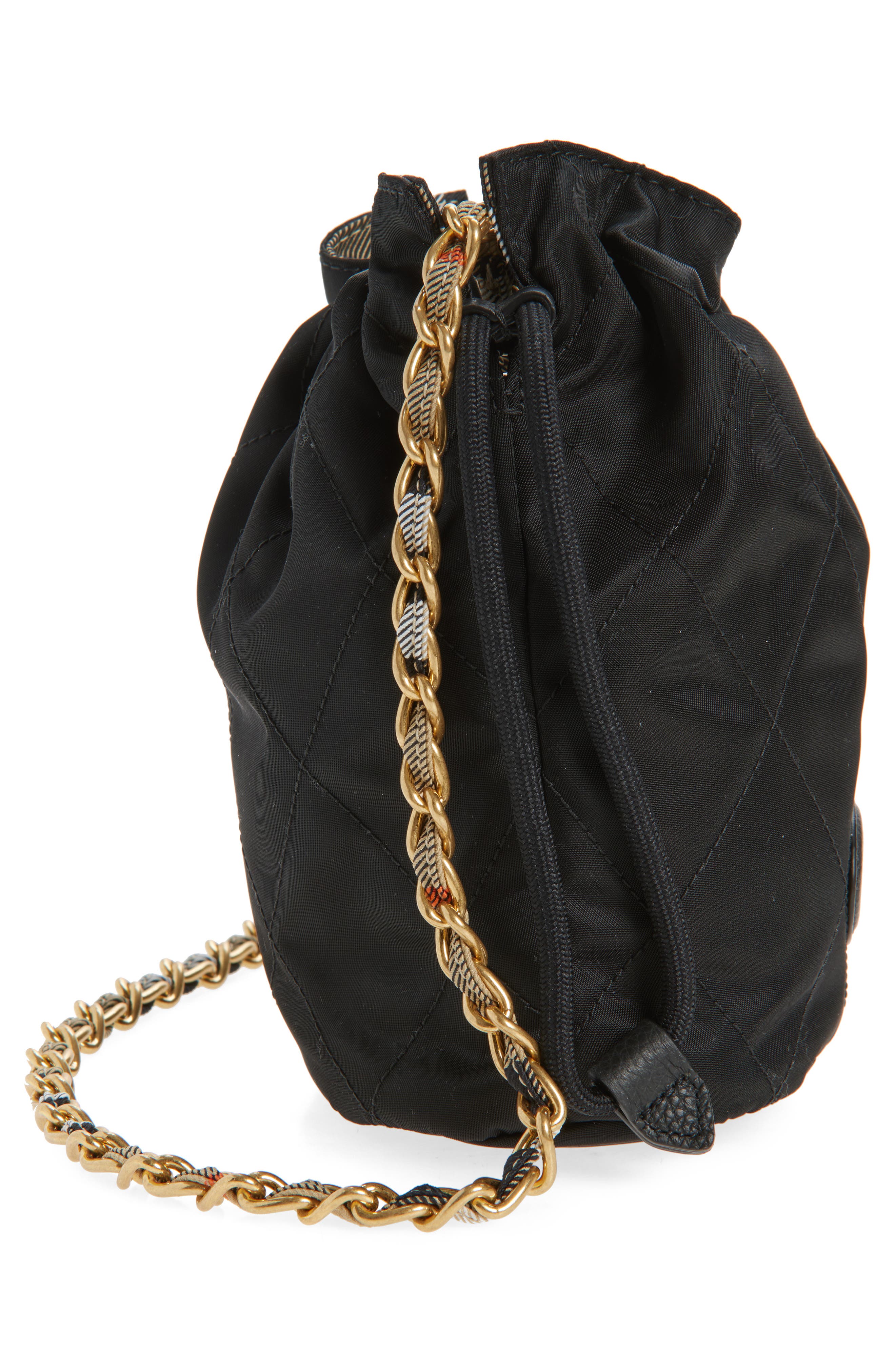 Burberry Horseshoe Quilted Nylon Bucket Bag, Alternate, color, Black