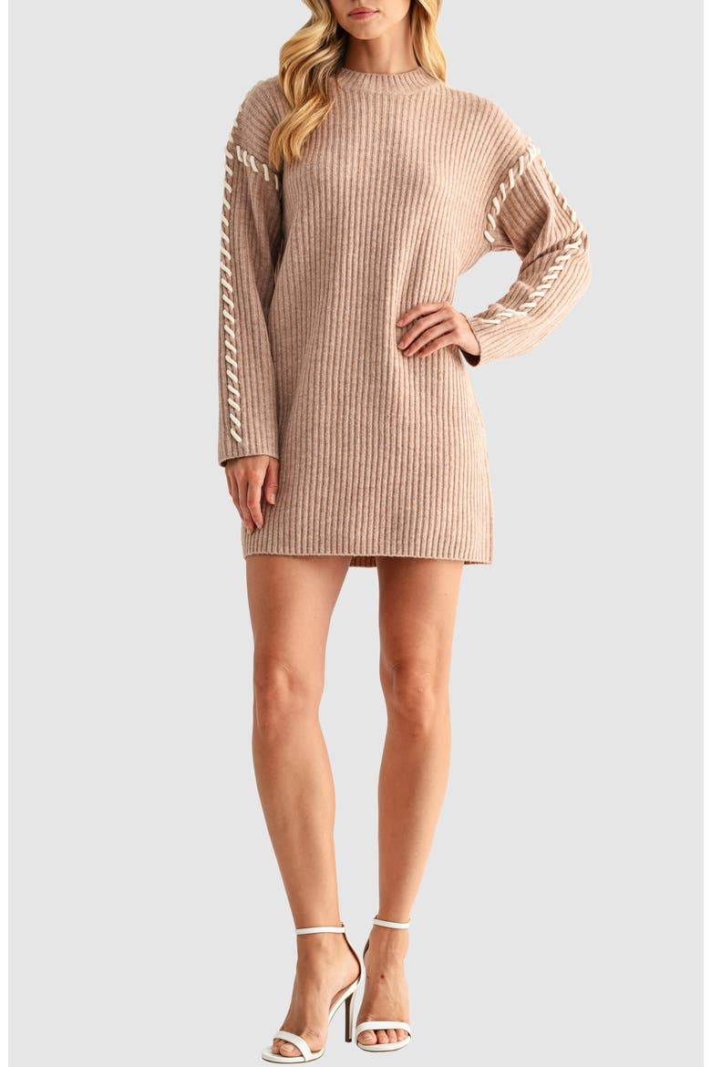 Contrast Whipstitch Long Sleeve Mini Sweater Dress, Main, color, MOCHA MOOSE