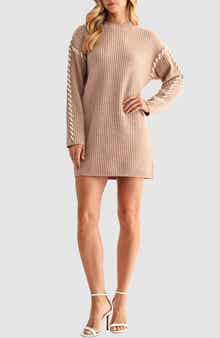 All in Favor Contrast Whipstitch Long Sleeve Mini Sweater Dress