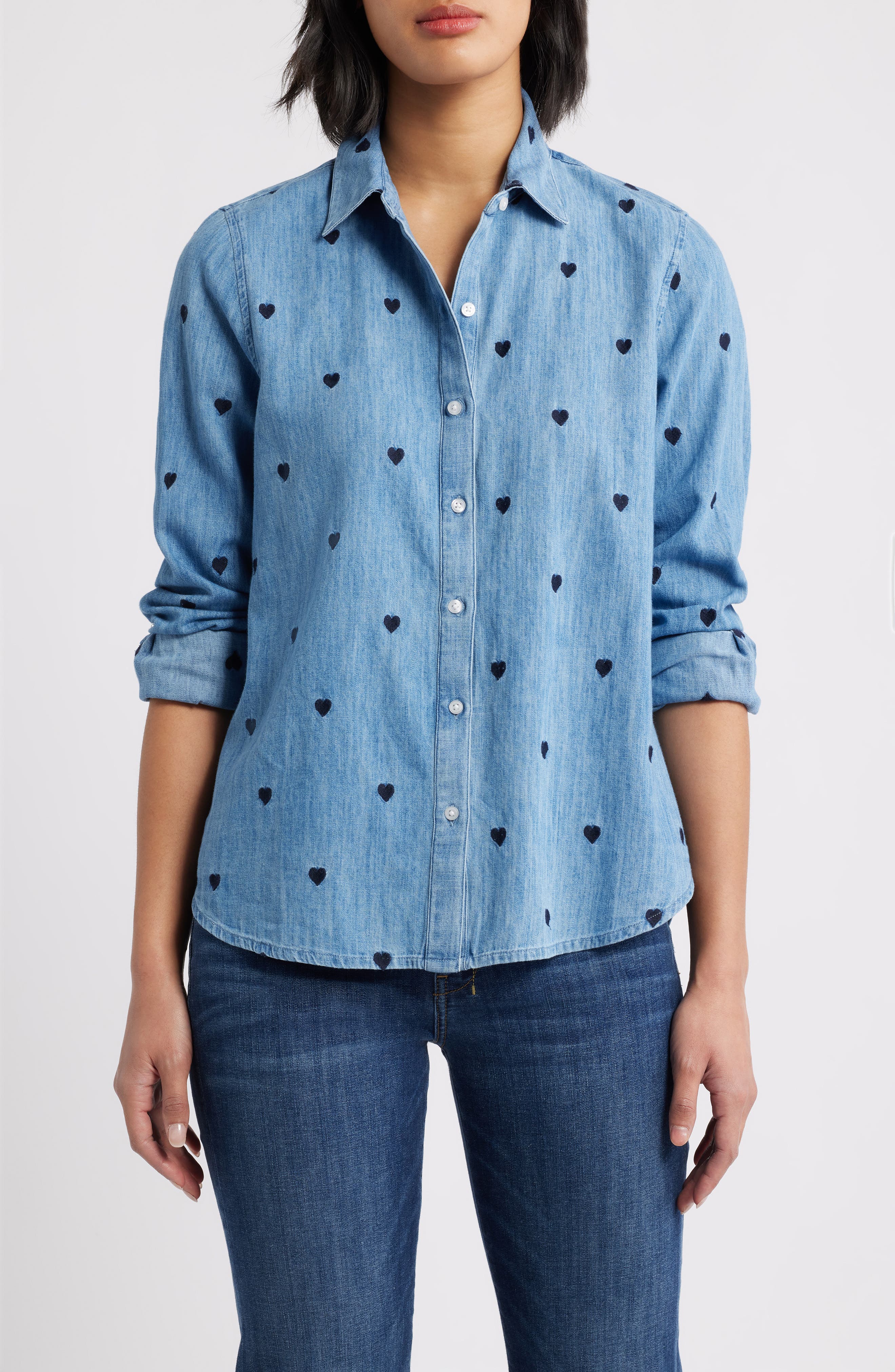 Caslon® Heart Embroidered Cotton Chambray Button-Up Shirt