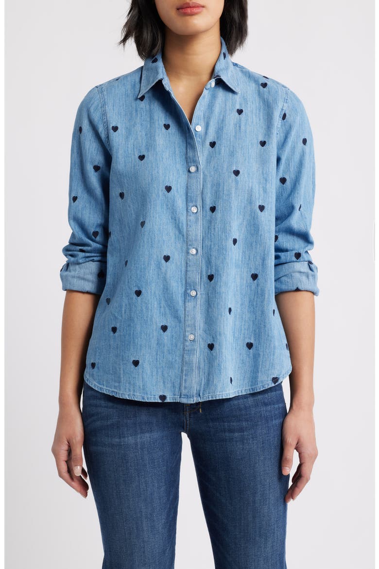 Heart Embroidered Cotton Chambray Button-Up Shirt, Main, color, CHAMBRAY- NAVY HEART