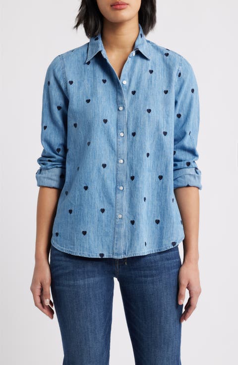 Heart Embroidered Cotton Chambray Button-Up Shirt