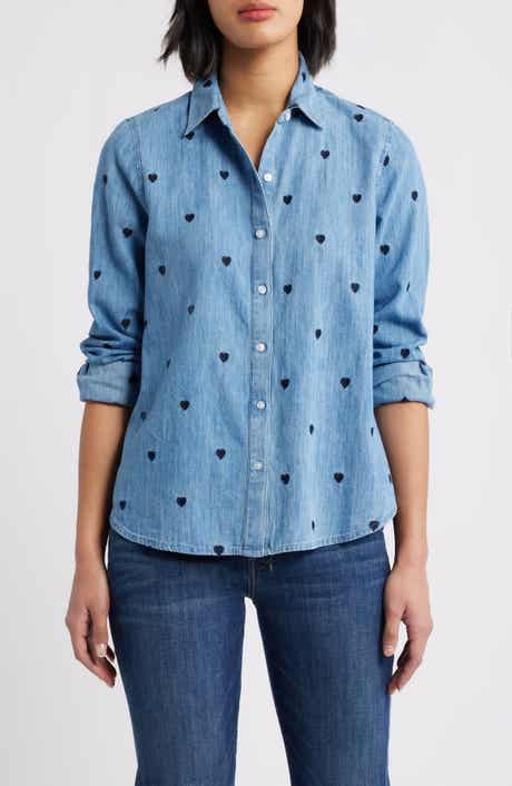 Caslon® Heart Embroidered Cotton Chambray Button-Up Shirt