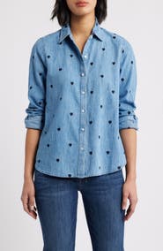 Caslon® Heart Embroidered Cotton Chambray Button-Up Shirt