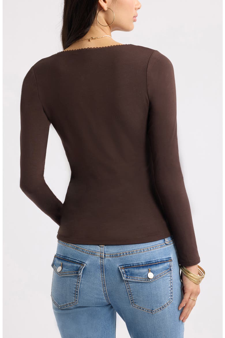 Lace Trim Square Neck Long Sleeve Top, Alternate, color, BROWN COFFEE