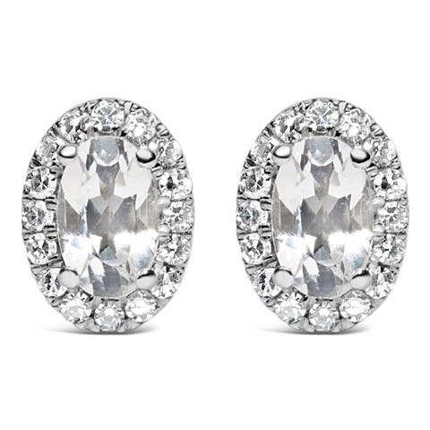 10K White Gold 5x3 MM Oval Cut Birthstone and Diamond Halo Stud Earrings