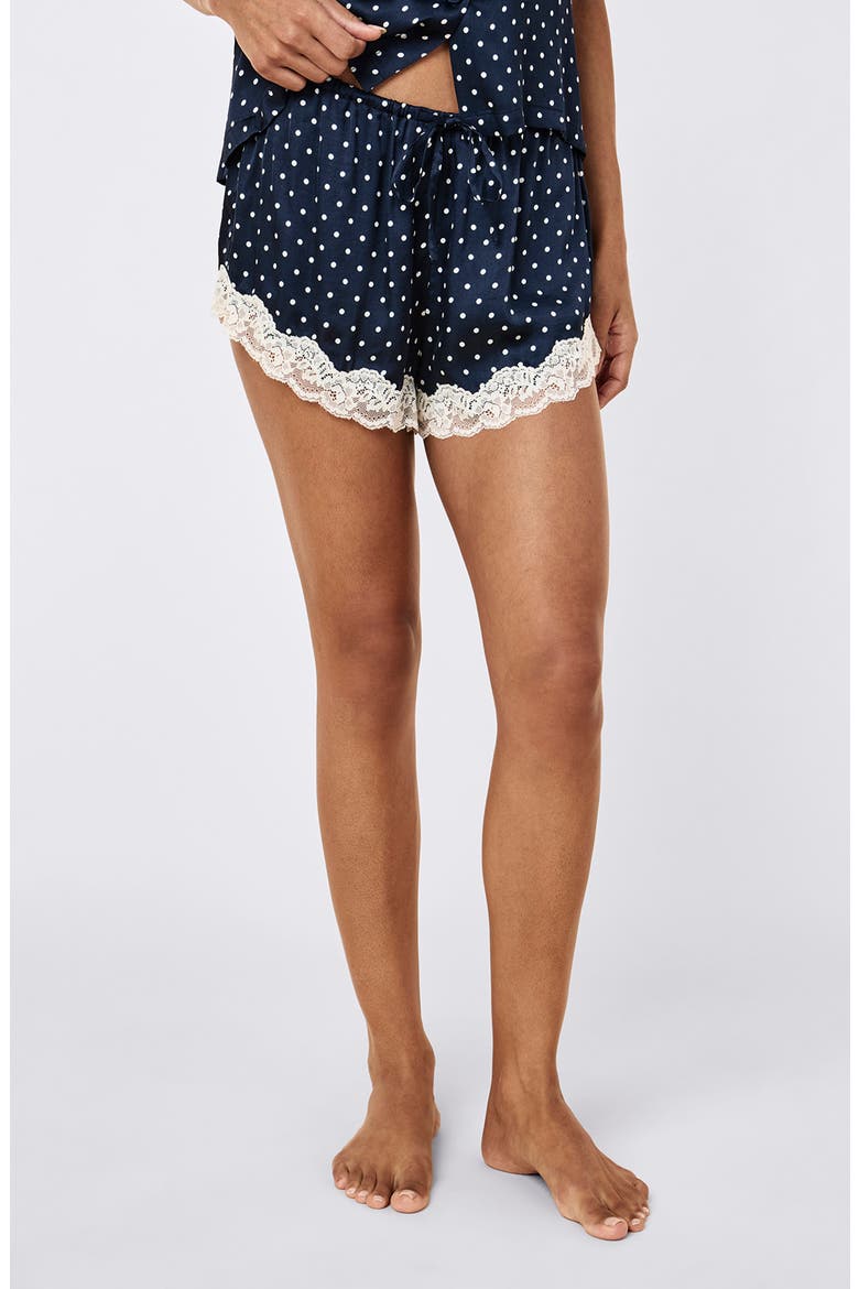 Annabelle Satin Lace Boxer Pajamas, Alternate, color, DEEP NAVY/ MINI CREAM SPOT