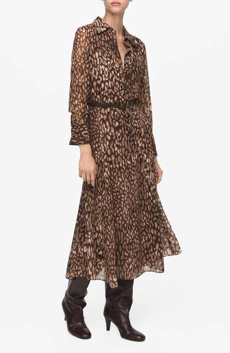 MANGO Leopard Print Long Sleeve Shirtdress