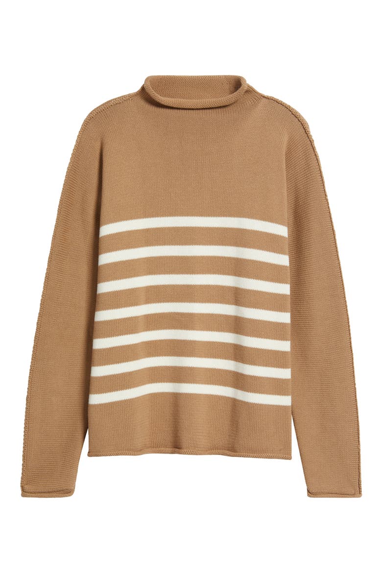 Monterey Stripe Cotton Funnel Neck Sweater, Alternate, color, CAMEL STRIPE