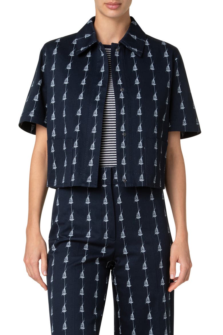 Sailboat Pinstripe Short Sleeve Crop Jacket, Main, color, NAVY