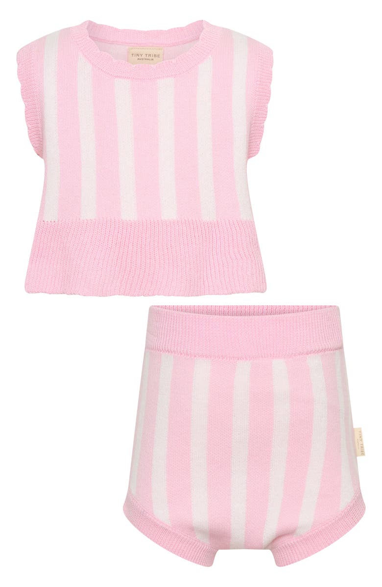TINY TRIBE Stripe Cotton Knit Top & Shorts Set, Main, color, Pink