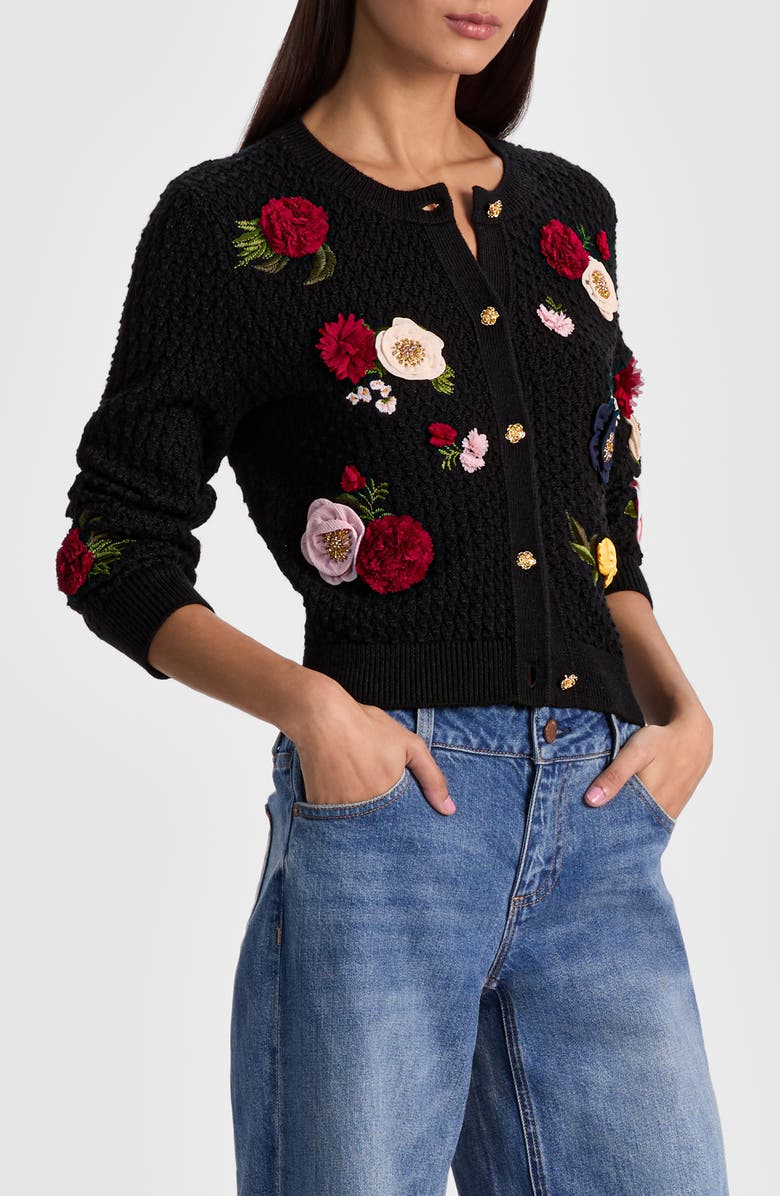 Alice + Olivia Dollie Floral Wool Blend Cardigan, Alternate, color, Black Multi
