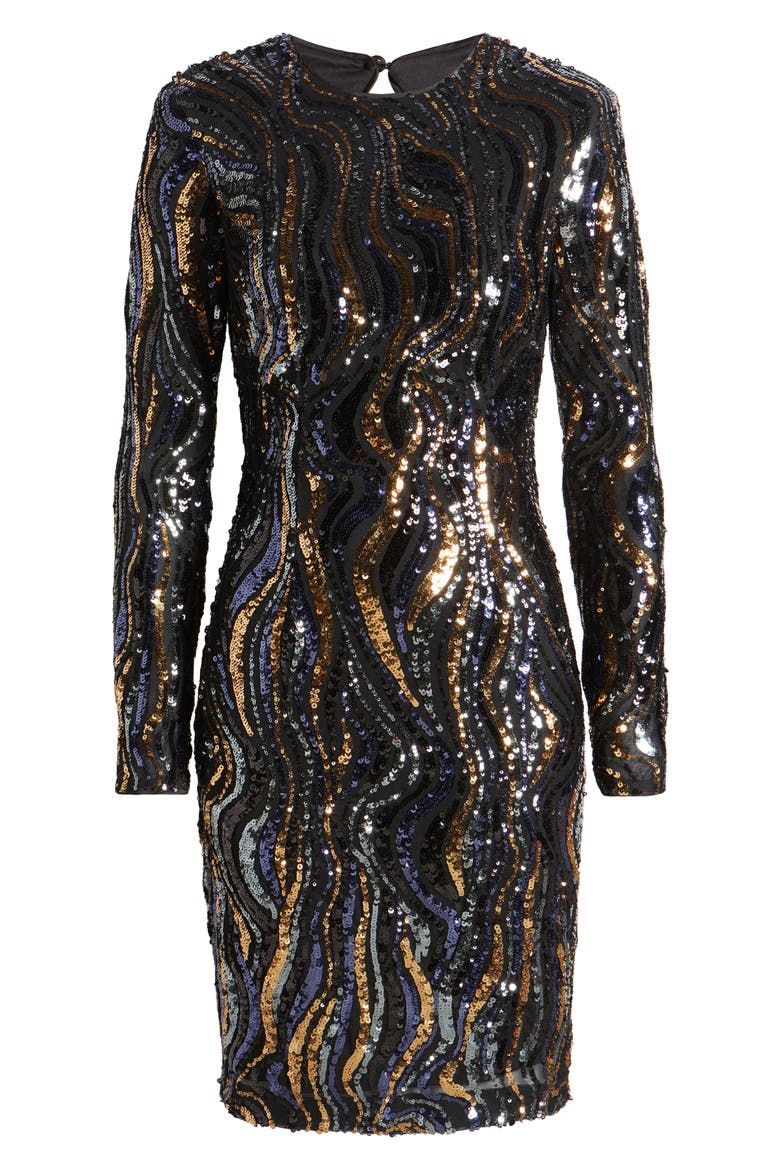 Sequin Swirl Long Sleeve Cocktail Dress, Alternate, color, NAVY GOLD