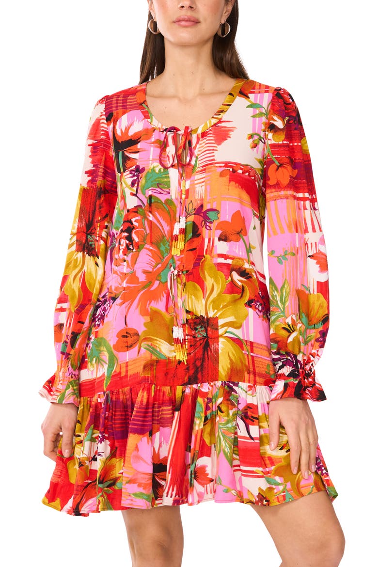 Floral Long Sleeve Minidress, Alternate, color, CREAM MULTI