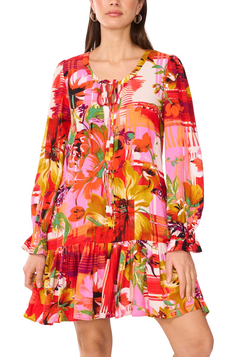 Vince Camuto Floral Long Sleeve Minidress, Alternate, color, Cream Multi