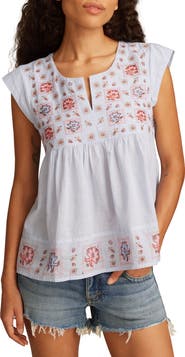 Lucky Brand Embroidered Short Sleeve Cotton Peasant Top