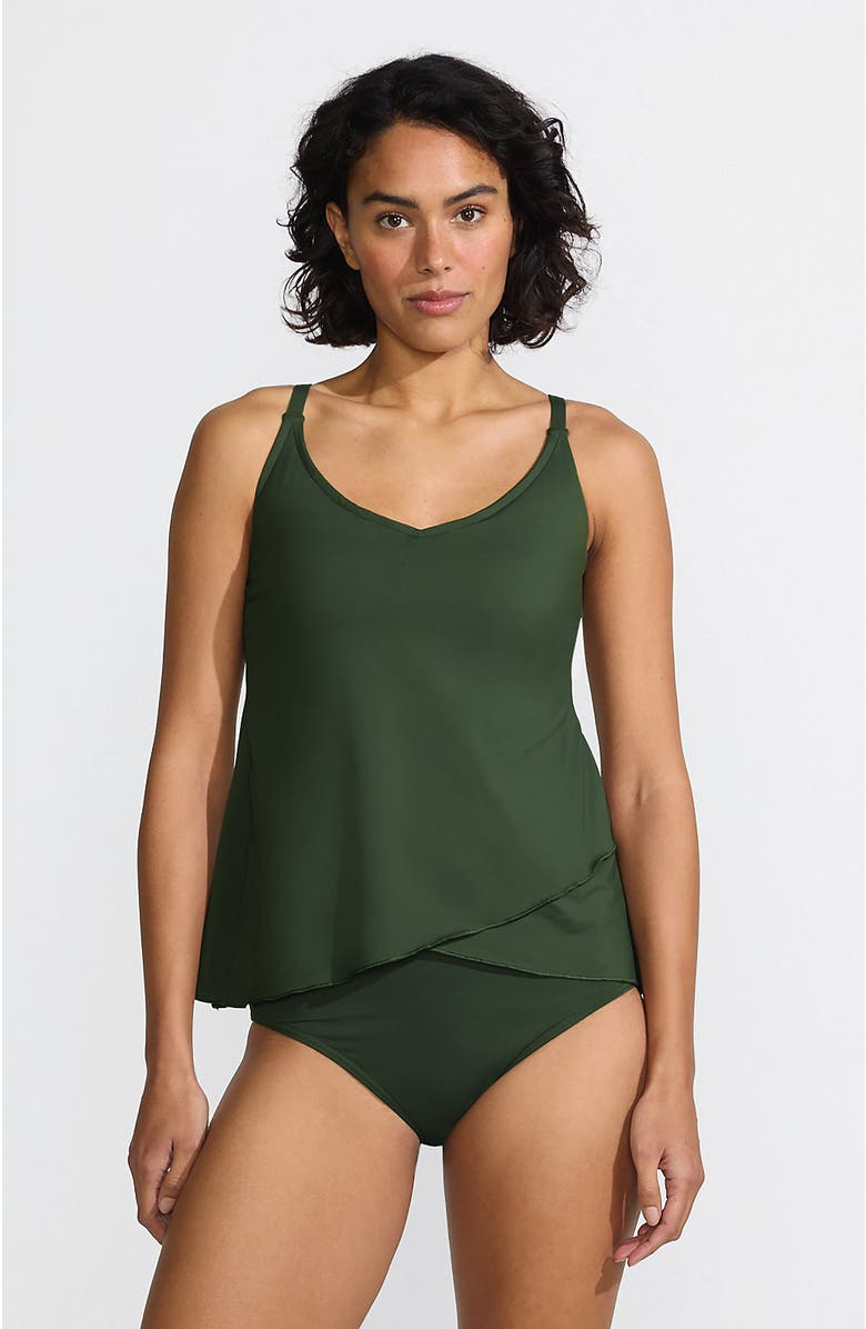 Lands' End D-Cup Chlorine Resistant V-Neck Tulip Hem Tankini Swimsuit Top with Adjustable Straps, Main, color, Rich Olive Green