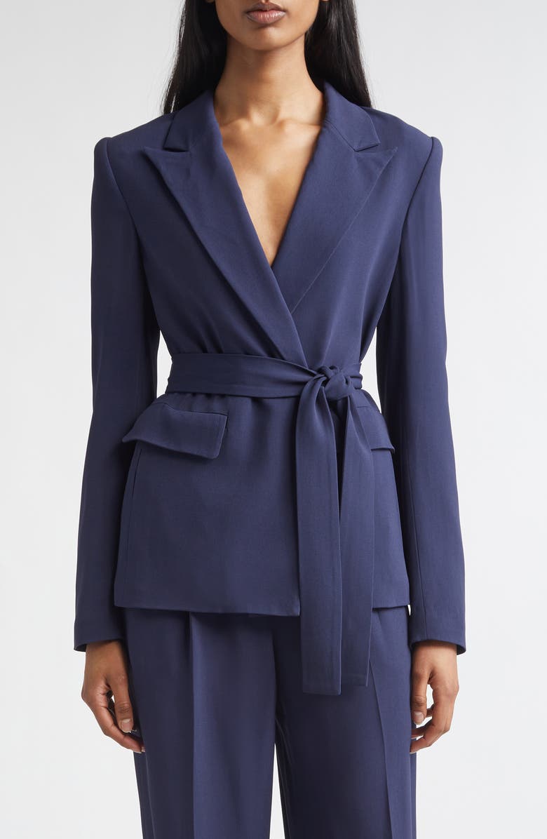 ST. JOHN Juliana Belted Lightweight Stretch Cady Wrap Jacket, Main, color, Midnight