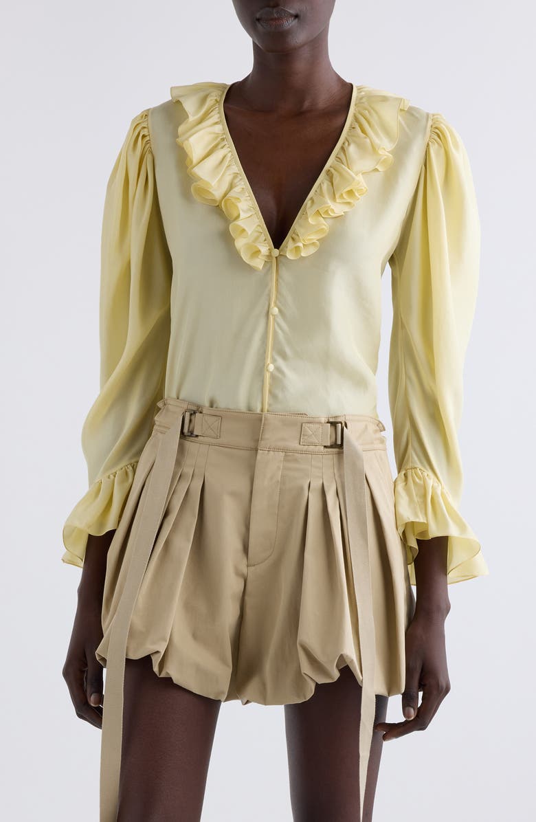 Chloé Ruffle Balloon Sleeve Silk Button-Up Shirt, Main, color, Powder Yellow