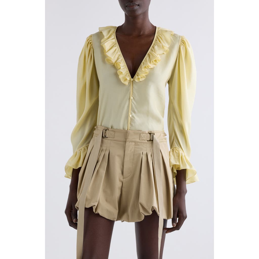 Chloé Ruffle Balloon Sleeve Silk Button-up Shirt In Powder Yellow