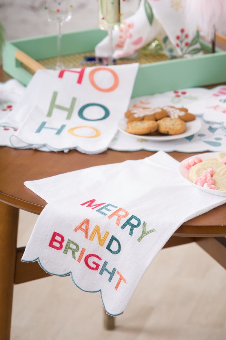 Hohoho Cute Festive Scalloped Edged Christmas Towel, Alternate, color, Pink