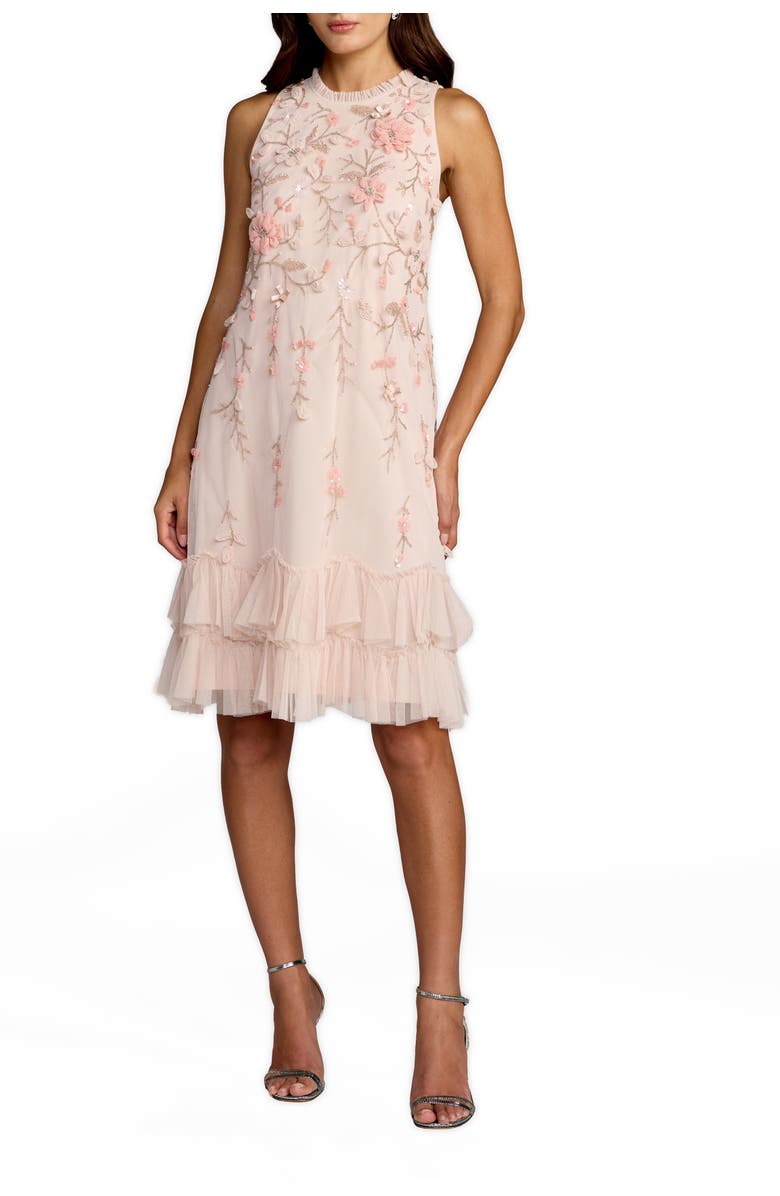 Mac Duggal Embellished Ruffle Tiered High Neck Floral Dress, Main, color, Peach